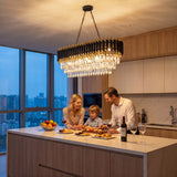 Modern Black & Gold Crystal Chandelier, 3-Tier K9 Oval Crystal Chandelier for Kitchen