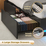 Wooden Bed Frame with Charging Station, Storage Drawers and LED Lights