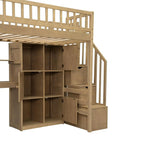 Twin Loft Bed Solid Wood L-Shaped Desk Storage Stairs LED Lights Shelves