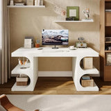 White Modern Wood Executive Office Desk 63 Computer Desk with Storage Shelves for Home Office