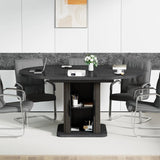 Extendable Black Round Conference Table 43-59in Storage Fluted Wood Slide Doors Office