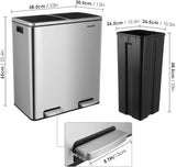 Brushed Stainless Steel 60L/16Gallon Rectangular Hands-Free Dual Compartment Recycling Kitchen Step Trash Can