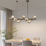 10-Light Matte Black Adjustable Chandelier with Smoked Glass Globe Shades Mid