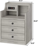 Nightstand Set 2, Grey Side Table with Charging Station, 3 Drawers, Modern