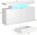Modern White Dresser with LED Lights & Charging Station, 6 Drawer Storage