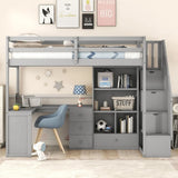 Twin Loft Bed Solid Wood L-Shaped Desk Storage Stairs LED Lights Shelves