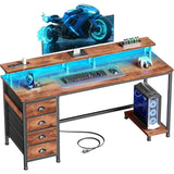 55 Inch Computer Desk Gaming with 4 Fabric Drawers Power Outlets and LED Lights for Home