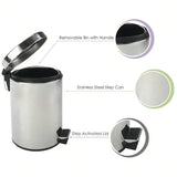 Stainless Steel Step Pedal Trash Can With Lid 5L Round Bathroom Kitchen Waste Bin