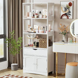 Freestanding Tall Kitchen Pantry Cabinet with Shelves, Drawers, and Microwave Space