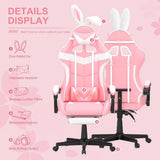 Pink Gaming Chair with Footrest, Bunny Ears, Ergonomic Design for Girls, Women