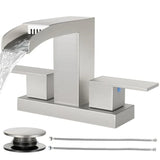Bathroom Faucets for Sink 3 Hole Brushed Bathroom Sink Faucet Square with Pop-Up Drain 2 Handle and 2 Supply Hoses Lead-Free St