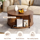 Round 31.5" Modern Coffee Table w/ 360° Curved Sliding Door,Fluted Wood