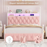 Full Size LED Canopy Bed Frame with Storage & Charging Station