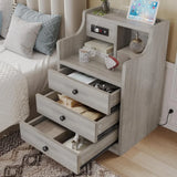 Nightstand Set 2, Grey Side Table with Charging Station, 3 Drawers, Modern