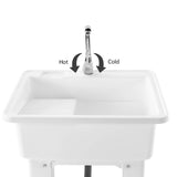 Freestanding Utility Sink w/ Washboard Floor Mount Hot + Cold Faucet Kit White Durable Laundry Sink Wash Bowl Basin Faucet Drain