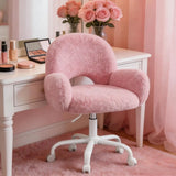 Vanity Chair Round Hollow Back Height Adjustable Faux Fur Wheels Arms Makeup Bedroom