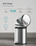 Small Bathroom Trash Can with Lid, 1.6 Gallon Soft-Close Stainless Steel Pedal Garbage Bin