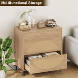 3-Drawer Rattan File Cabinet, A4 Size Hanging Files, Large Wooden Printer Stand for Home Office