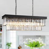 Modern 31-Inch Dining Room Crystal Pendant Light, Black Rectangular Adjustable Chain Light - For Living Room/Kitchen Island