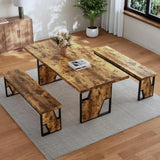 HIPIHOM 70.8" Wooden Dining Table with 2 Benches, Modern Set for 4-6 Person