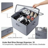 Under Bed Shoe Storage Organizer, 1 Pack, 16 Compartments w/Clear Window