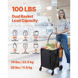 Shopping Cart, Folding Grocery Utility Cart with Dual Baskets, Waterproof Liner amp Wheels