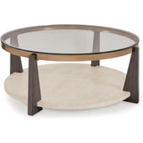 Contemporary Round Glass Coffee Table in Gray, Brown, and Gold Finish