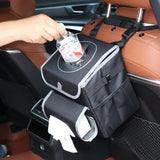 Portable Car Trash Bin With Lid, Leakproof Bag, Hanging Pockets, Adjustable Tissue Dispenser And Mounting Straps