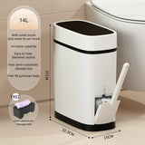 Plastic Garbage Can with Toilet Brush Holder, Black Locking Press Top Lid, Rectangular, Bathroom Trash Can, White, 14 Liter