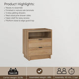 Oak Nightstand with 2 Drawers and Open Shelf, 23.75W x 26.75H x 16D