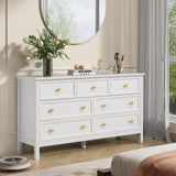 7 Drawer Dresser with Wide Drawers and Gold Metal Handles, 55 White