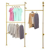 Gold 3-Tier Clothing Rack Wall Mounted Industrial Pipe Garment Rack Heavy Duty Metal Garment Frame