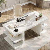 White Modern Wood Executive Office Desk 63 Computer Desk with Storage Shelves for Home Office