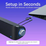 Bluetooth Stereo Sound Bar with 3.5mm Aux, USB/USB-C Power, Mic, and Headphone Jack for PC, Laptop