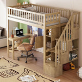 Twin Loft Bed Solid Wood L-Shaped Desk Storage Stairs LED Lights Shelves