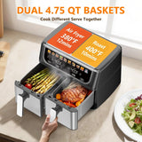 Dual Basket Air Fryer, 9.5 Quart Large Air Fryer with Double Basket, Black