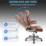 Brown Leather Office Chair with Flip up Arms, High Back Ergonomic Executive Office Chairs