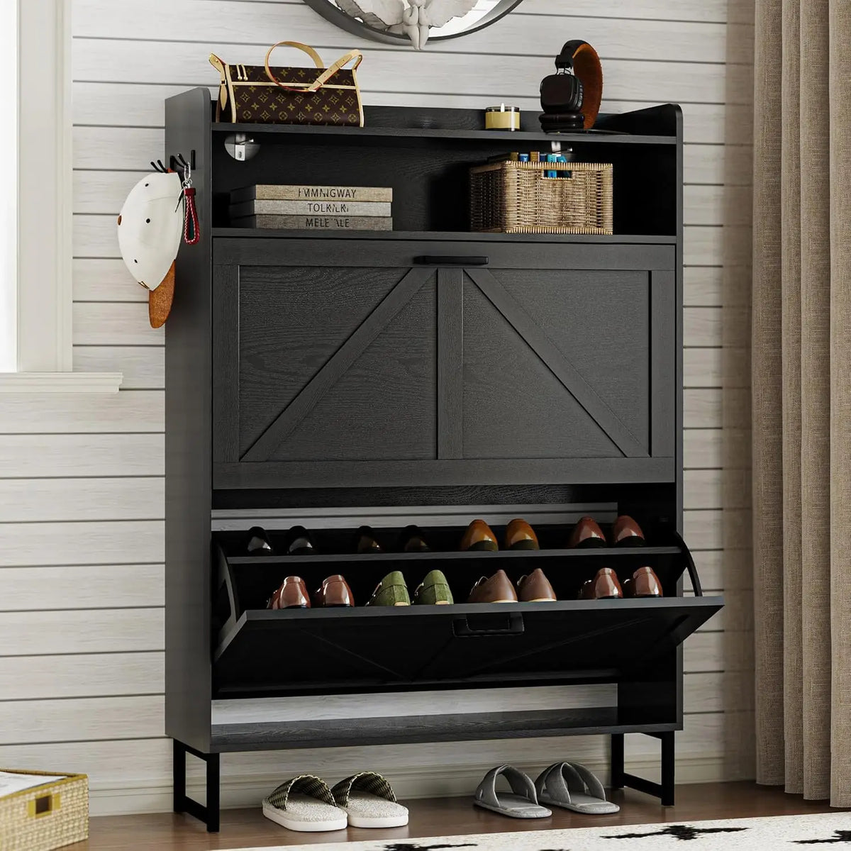Freestanding Wooden Shoe Rack with Hidden Slim Storage for Entryway ...