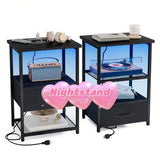 Night Stand Set Of 2 With Charging Station, LED Nightstand W/ Fabric Drawers