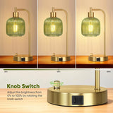 Nightstand Set of 2, Green Glass Bedside Lamps with USB A&C Ports