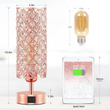 Crystal Table Lamp 3-Way Dimmable Touch Control Rose Gold Bedside Lamp