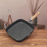 Cast Iron Skillet Steak Pan with Wooden Handle Uncoated Non-stick Frying Pan