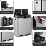 AOOU 16 Gallon Stainless Steel Trash Can, 60L Dual Compartment, Metal Kitchen Step Recycle Bin