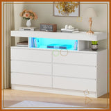 Modern White Dresser with LED Lights & Charging Station, 6 Drawer Storage