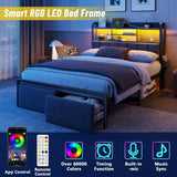 Full Upholstered Storage Bed Frame with LED Lights Charging Station