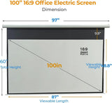 100 Inch Motorized Projector Screen 16:9 HD Electric with Remote for Home