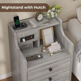 Nightstand Set 2, Grey Side Table with Charging Station, 3 Drawers, Modern