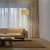 Chic Standing Lamp with Hanging Wicker Pendant Shade for Living Room, Boho Rattan Natural Decor, Arcs Over Sofa