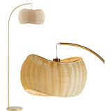 Chic Standing Lamp with Hanging Wicker Pendant Shade for Living Room, Boho Rattan Natural Decor, Arcs Over Sofa
