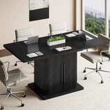 Extendable Black Round Conference Table 43-59in Storage Fluted Wood Slide Doors Office